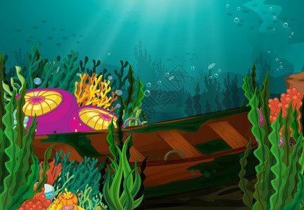 深海珊瑚和划艇的插图图片