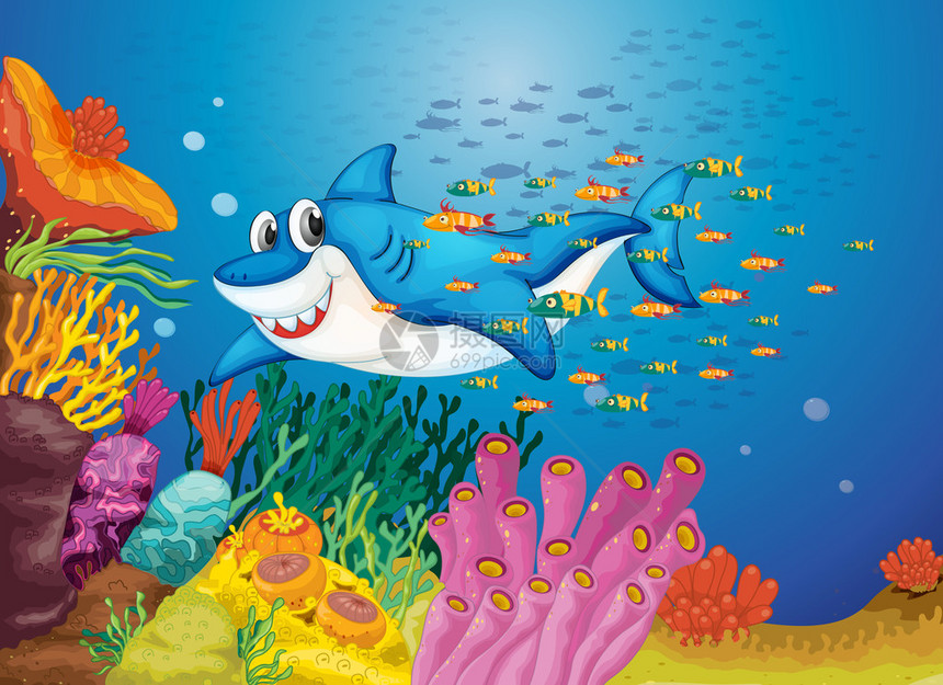 深蓝色大海中的鲨鱼插画图片