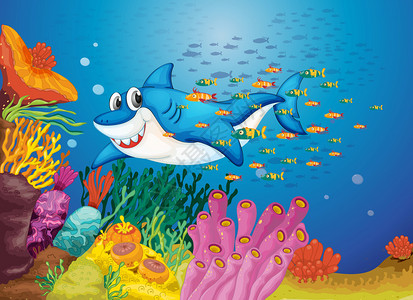 深蓝色大海中的鲨鱼插画背景图片