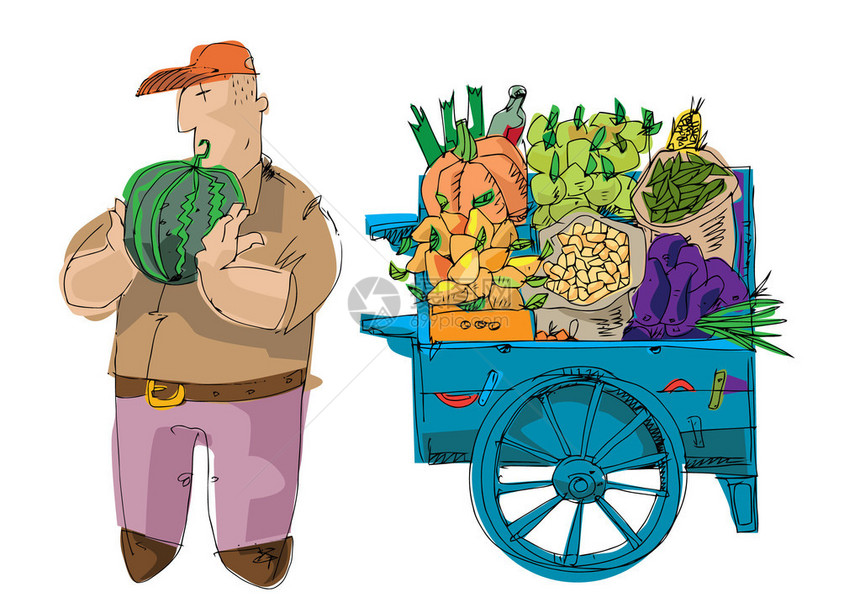 小贩靠近装满蔬菜和水果的推车图片