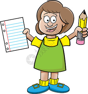 卡通插画一个女孩在白色背景上拿着纸图片