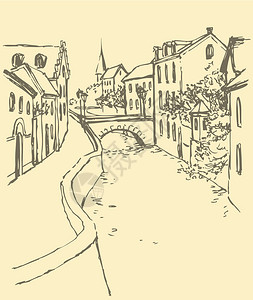 运河街海运向量城市景象沿运河和桥梁沿线狭窄街插画