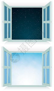 窗扉显示有昼夜天空背景的家用插画