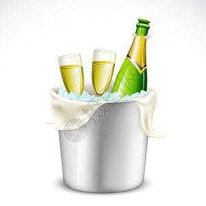 香槟酒杯和装满冰的桶中的瓶子的插图图片