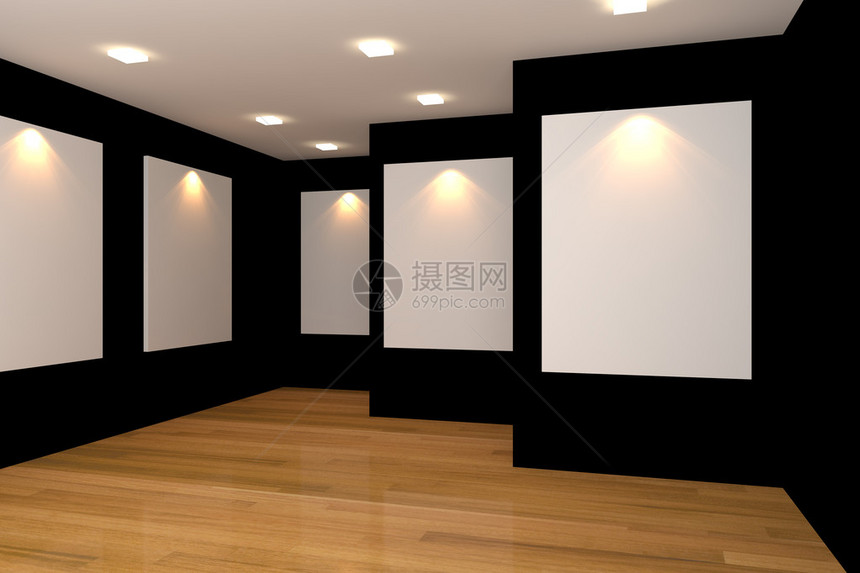 空荡的房间内部画廊的黑墙上有白色帆布图片