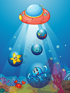 深海中的潜艇和鱼类的插图图片