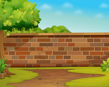花园中一堵砖墙的插图背景图片