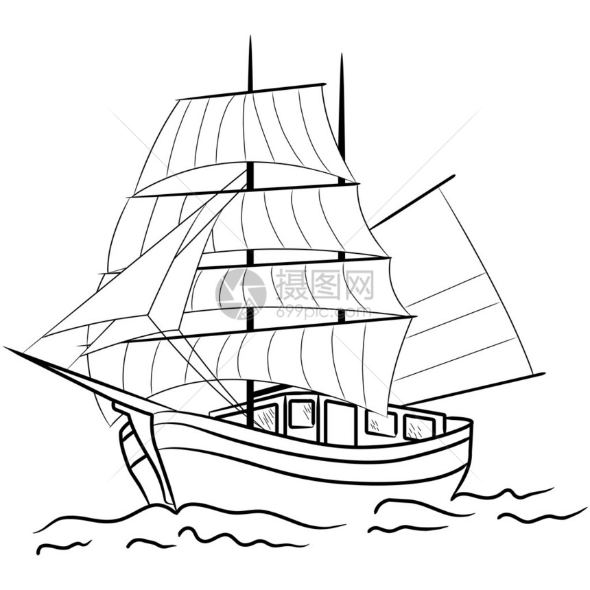 航海帆船在海中的素描图片