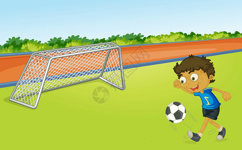 男孩在操场上踢足球的插图图片