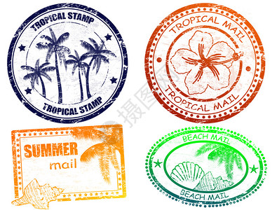 伟一套古老的热带夏季邮票并在里插画