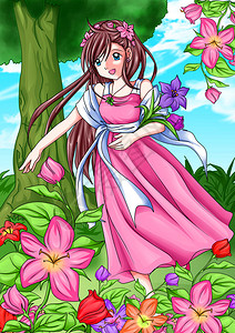 一个女孩摘花的卡通插图背景图片