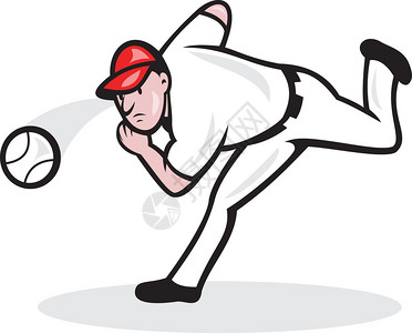 说明美国棒球选手投球的卡通风格在白背景上被孤立了图片