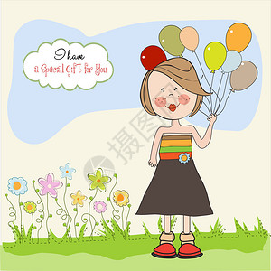 带气球的有趣女孩生日贺卡图片