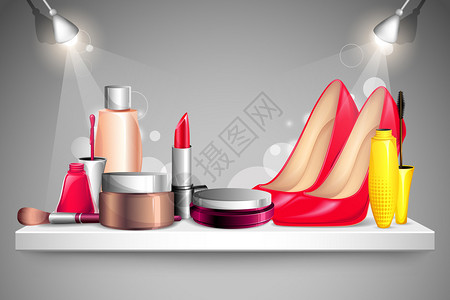 展示在货架上的化妆品和鞋子的插图图片