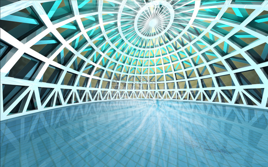 在令人印象深刻的建筑圆顶下中间闪耀着光辉的精神游泳池中图片