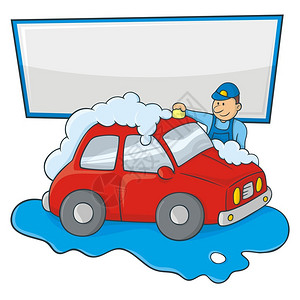 一个蓝色男子的卡通用手洗一辆红色汽车复制你图片