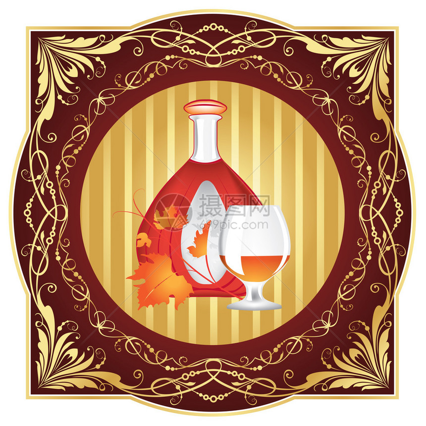 干邑雕刻在木头上一套白兰地酒杯一瓶干邑白兰地葡萄叶木桶上的装饰品矢量图片