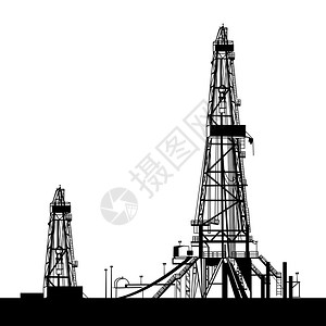 石油钻井平台剪影和橙色天空矢量图图片
