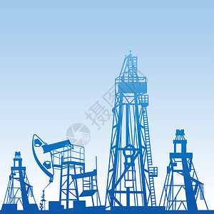 西托尼亚石油钻井平台剪影和蓝天矢量图插画