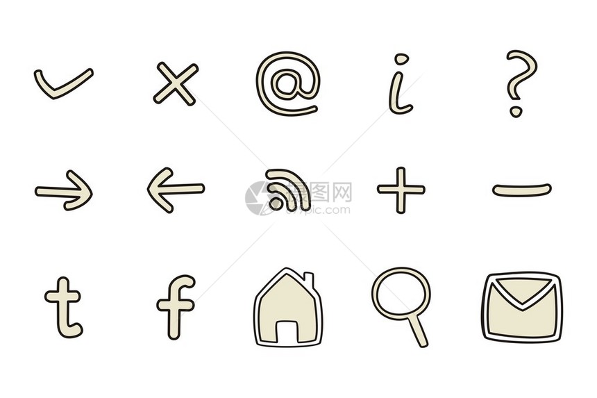 涂鸦图标箭头主页rss搜索邮件询问加号减号在白色背景上隔离的矢量web图片