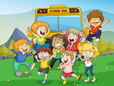 大自然中孩子和校车的插图图片
