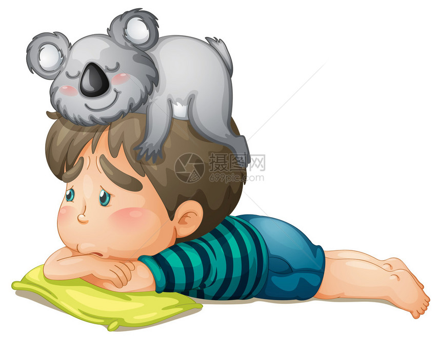 一个男孩和熊在白色背景上的插图图片