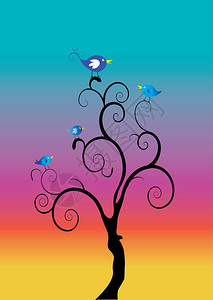 彩虹色背景的黑树上的鸟图片
