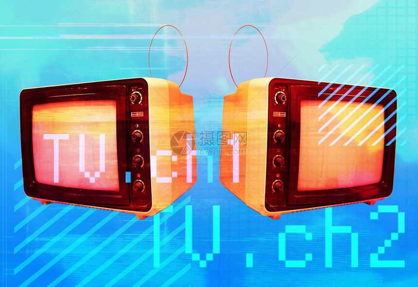 屏幕上画面模糊的两台老式电视机的抽象图图片