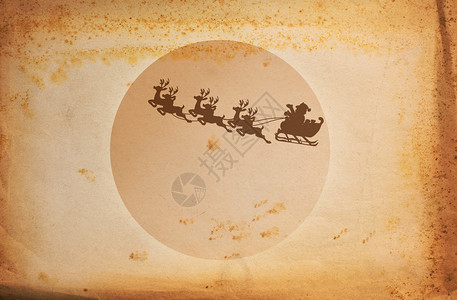 复古纸和圣诞老人在雪橇上与鹿背景图片