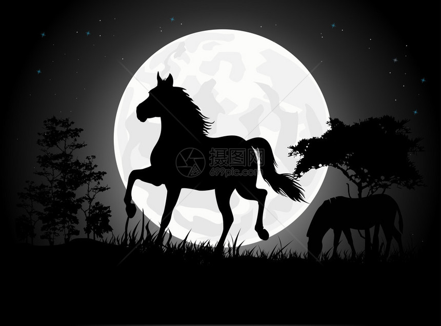 美丽的马剪影与巨大的月亮背景图片