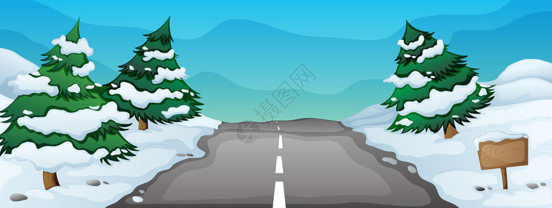 雪景和道路的插图图片