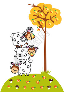 三个卡通绵羊和苹果树儿童矢量插图孤立图片
