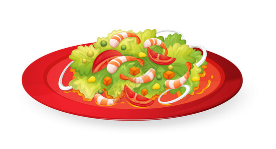 白底红盘中的虾沙拉插图图片