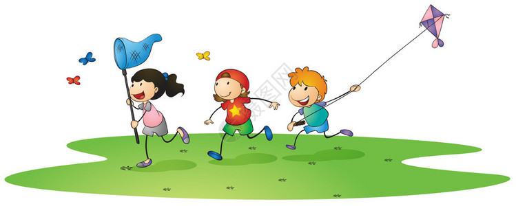 孩子们玩风筝和蝴蝶的插图图片