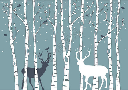 埃沃拉带鸟类和鹿的伯赫树插画