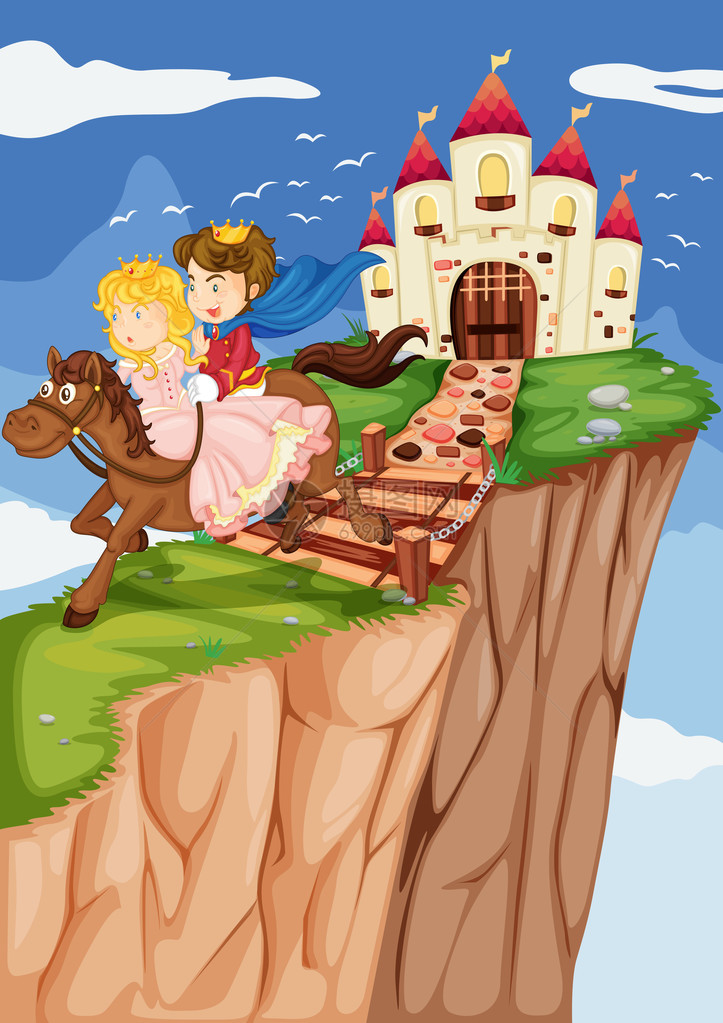国王和后在宫殿前骑马的插图图片