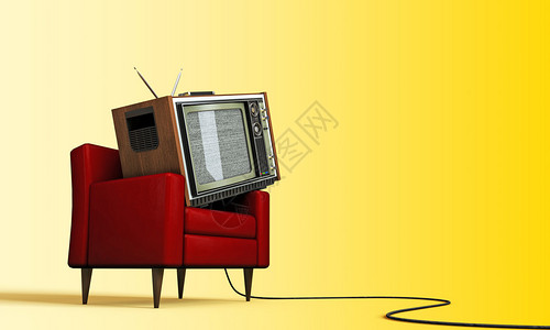 旧电视在红色扶手椅上放松与图片