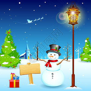 圣诞夜灯柱下雪人的插图图片