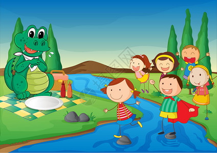 美丽大自然中的孩子和鳄鱼的插图图片