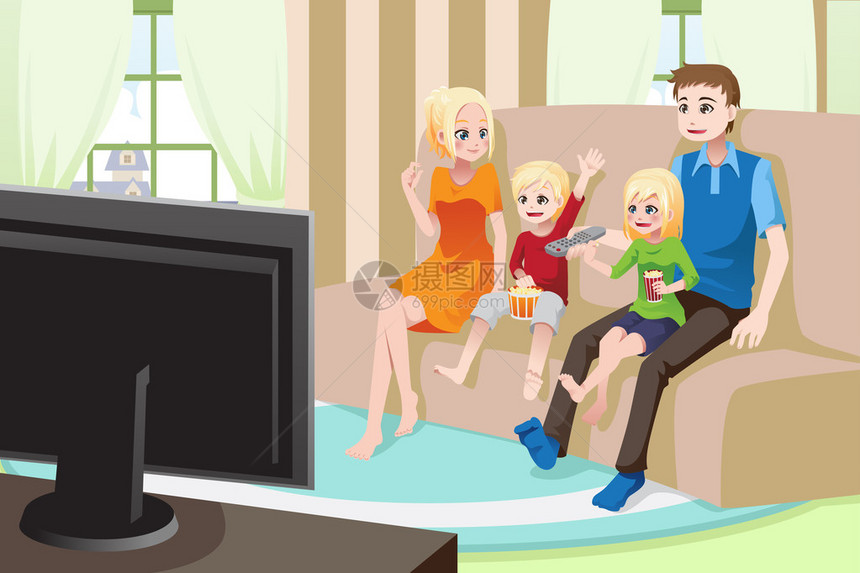 家庭在家中看电影或电视的矢量插图图片