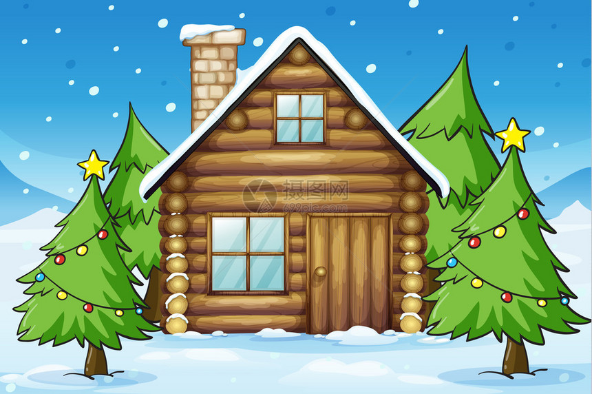 白雪皑的土地上的木屋插图图片