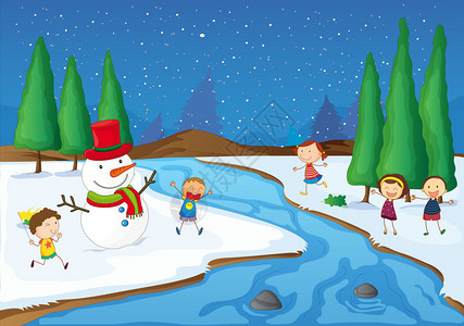 孩子和雪人在河边玩耍的插图图片