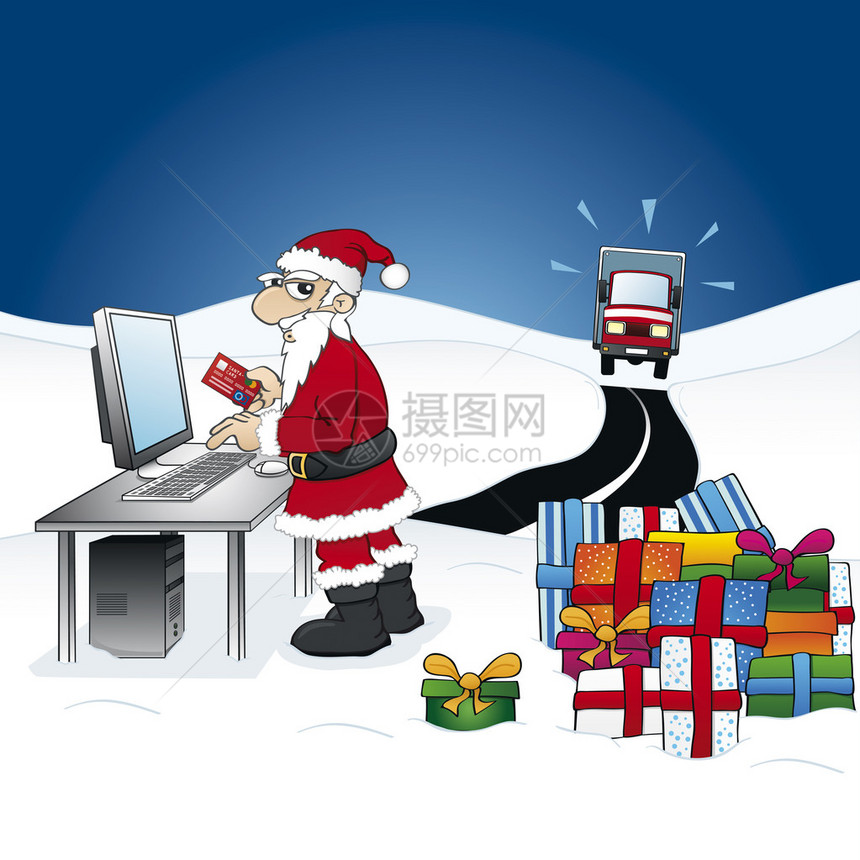 一个懒又聪明的圣诞老人在互联网上订购礼品图片