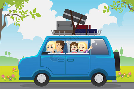 肯达尔詹娜一个家庭乘坐汽车旅行的矢插画