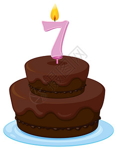 白色背景上带有蜡烛7的蛋糕插图图片