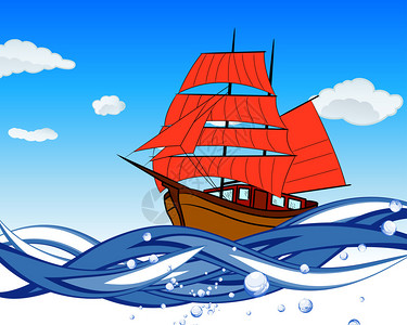 帆船和海浪中的红色帆EPS图片