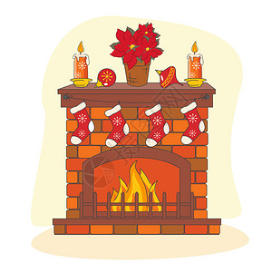 圣诞装饰壁炉手绘插图图片