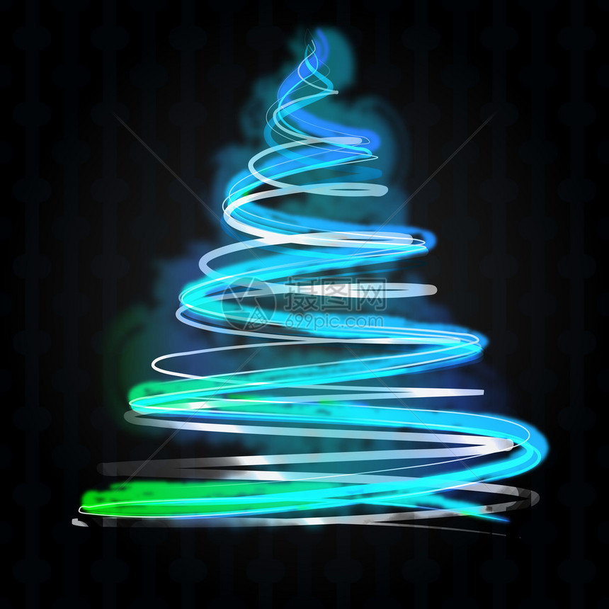 黑色插图上的浅蓝色圣诞树照明概念图片