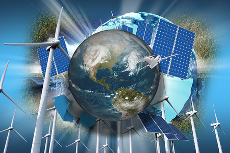 空气能热水全球生态插图蓝色背景上的行星地球风力涡轮机太阳能电池板一些草和替代能插画
