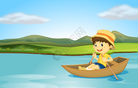 一个男孩在湖上划船的插图图片